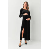 Velvet Long Sleeve Maternity Midi Dress