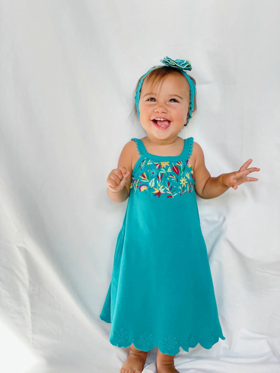 Organic Embroidered Twirl Dress w-Pockets in Teal Floral