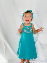 Organic Embroidered Twirl Dress w-Pockets in Teal Floral