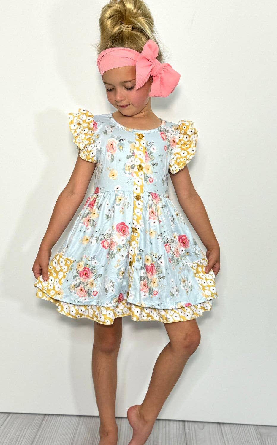 Aqua Antique Floral Girls Dress