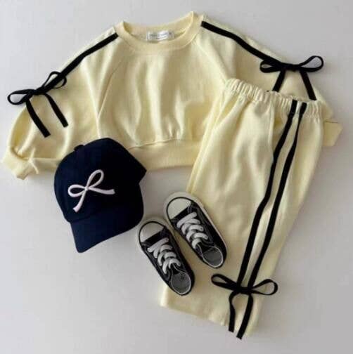Girls Pink Bow Trim Sweatshirt and Pants Set