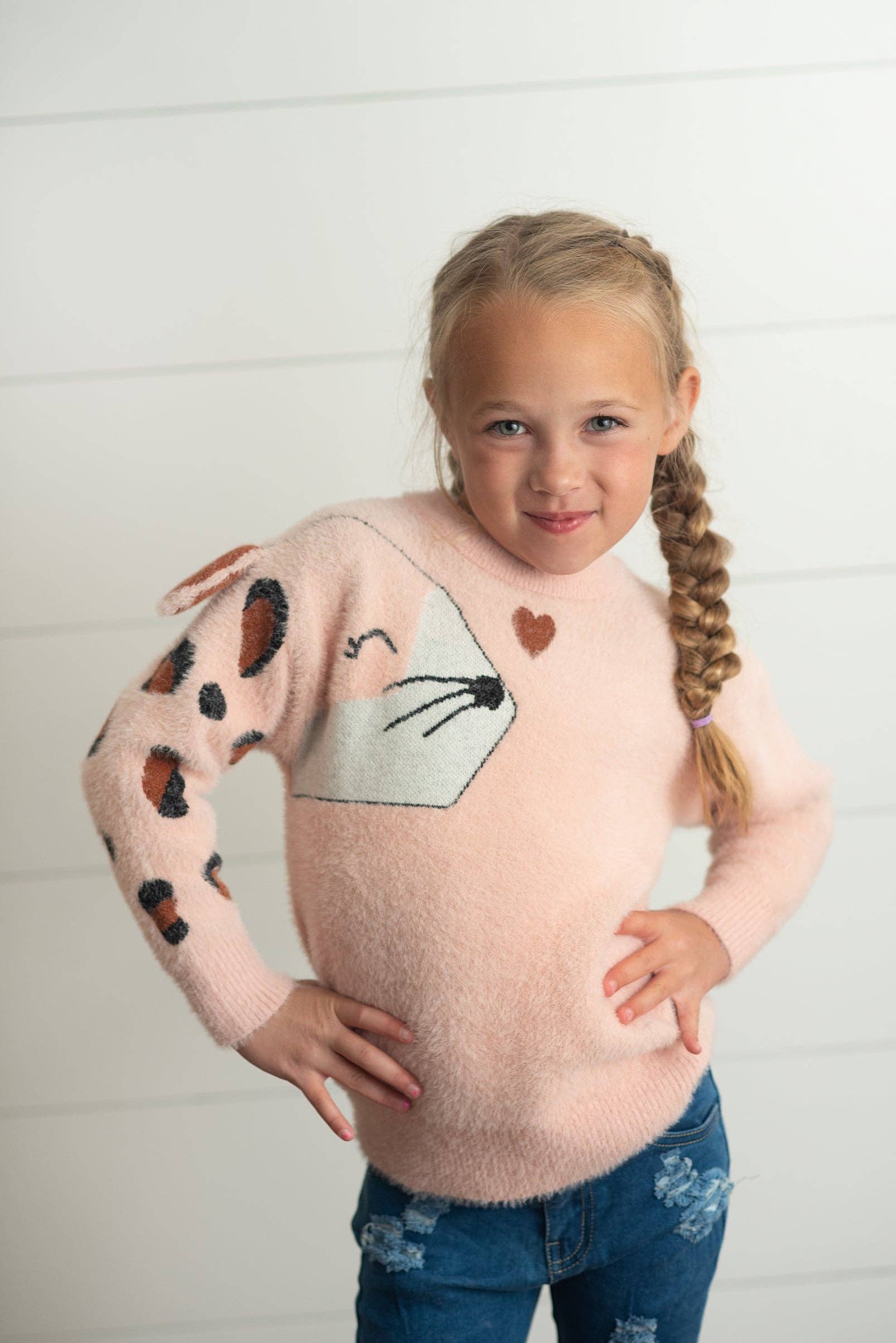 Kids Pink Heart & Leopard Arm Fuzzy Fall Winter Sweater