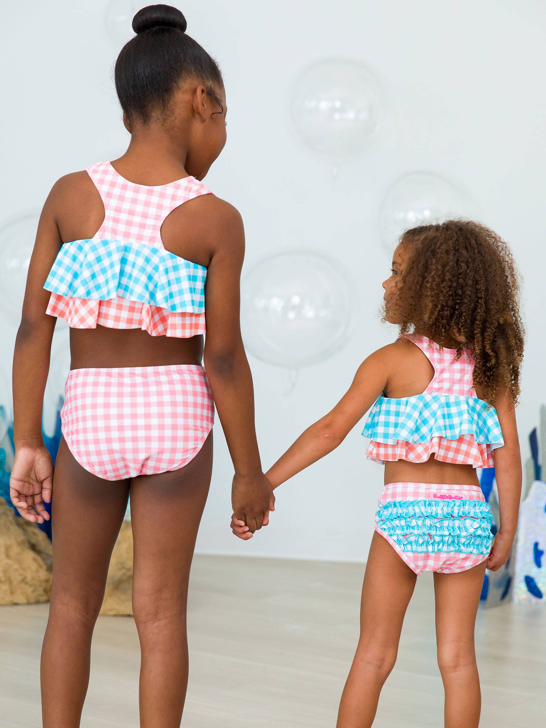 Girls Seaside Gingham Color Block Flounce Bikini