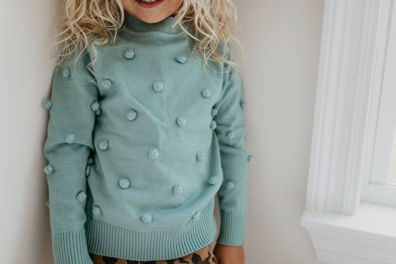 Adorable Sweetness - Kids Teal Pom Pom Fall Winter Crew Neck Sweater