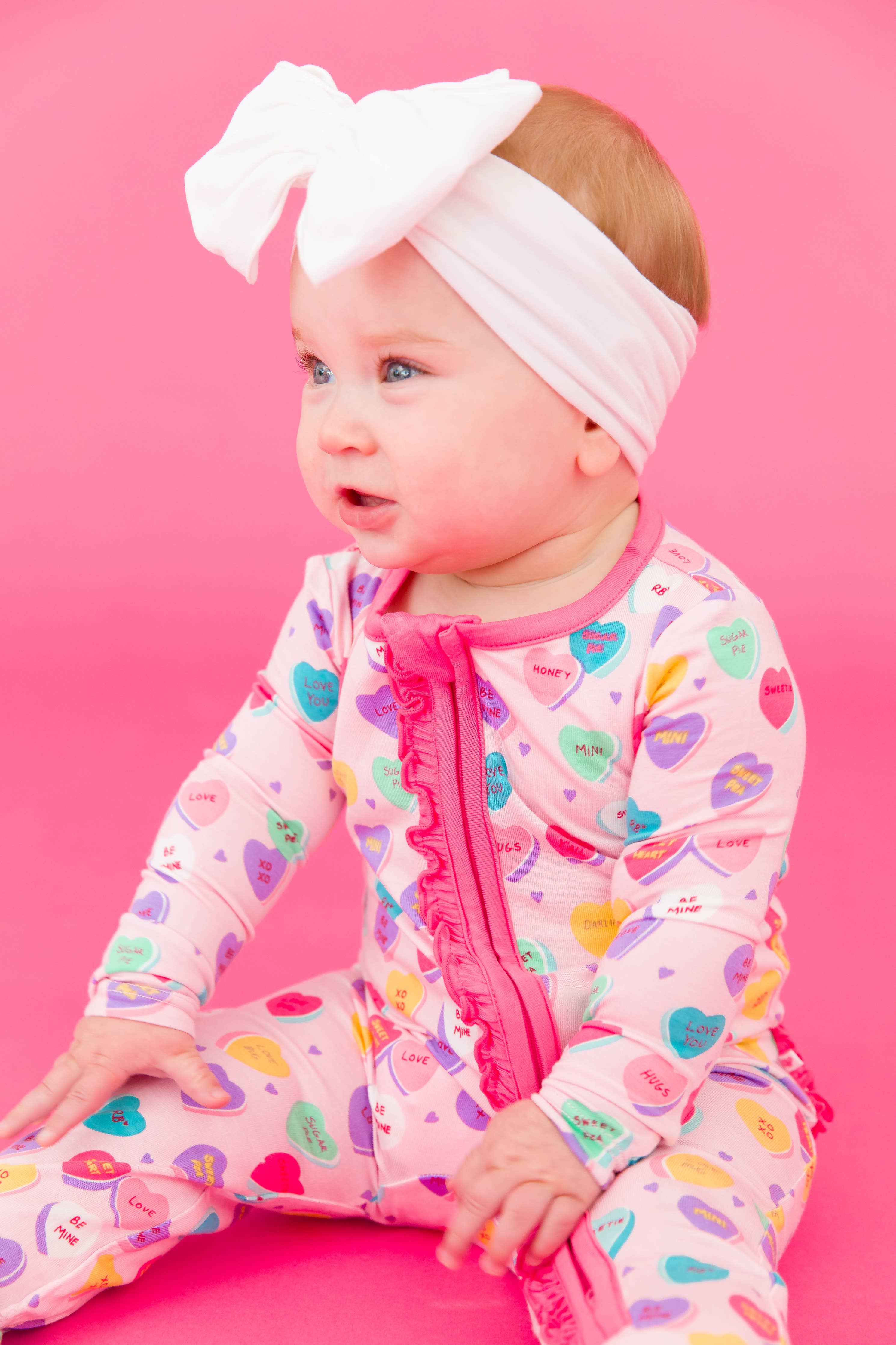 RuffleButts + RuggedButts - Baby Girls Be My Valentine Bamboo Viscose Footed Ruffle One Piece Pajama