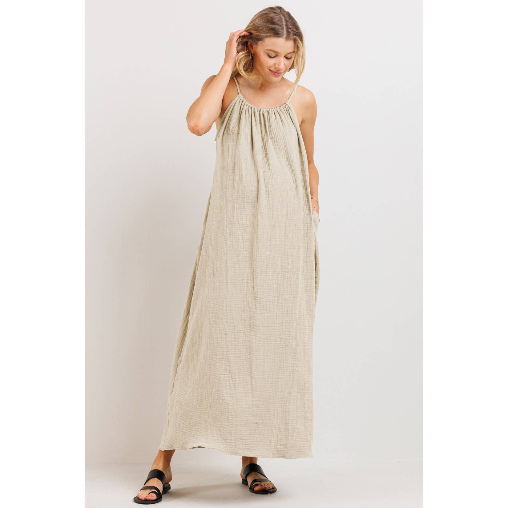 Cotton Halter Maternity Column Maxi Dress