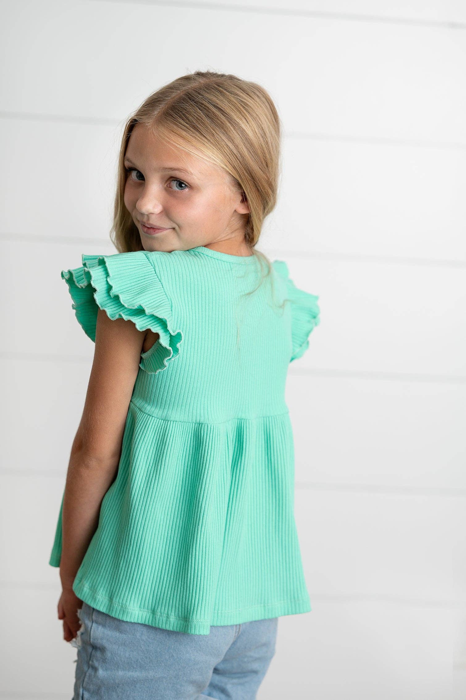 Kids Turquoise Double Ruffle Flutter Sleeve Spring Shirt