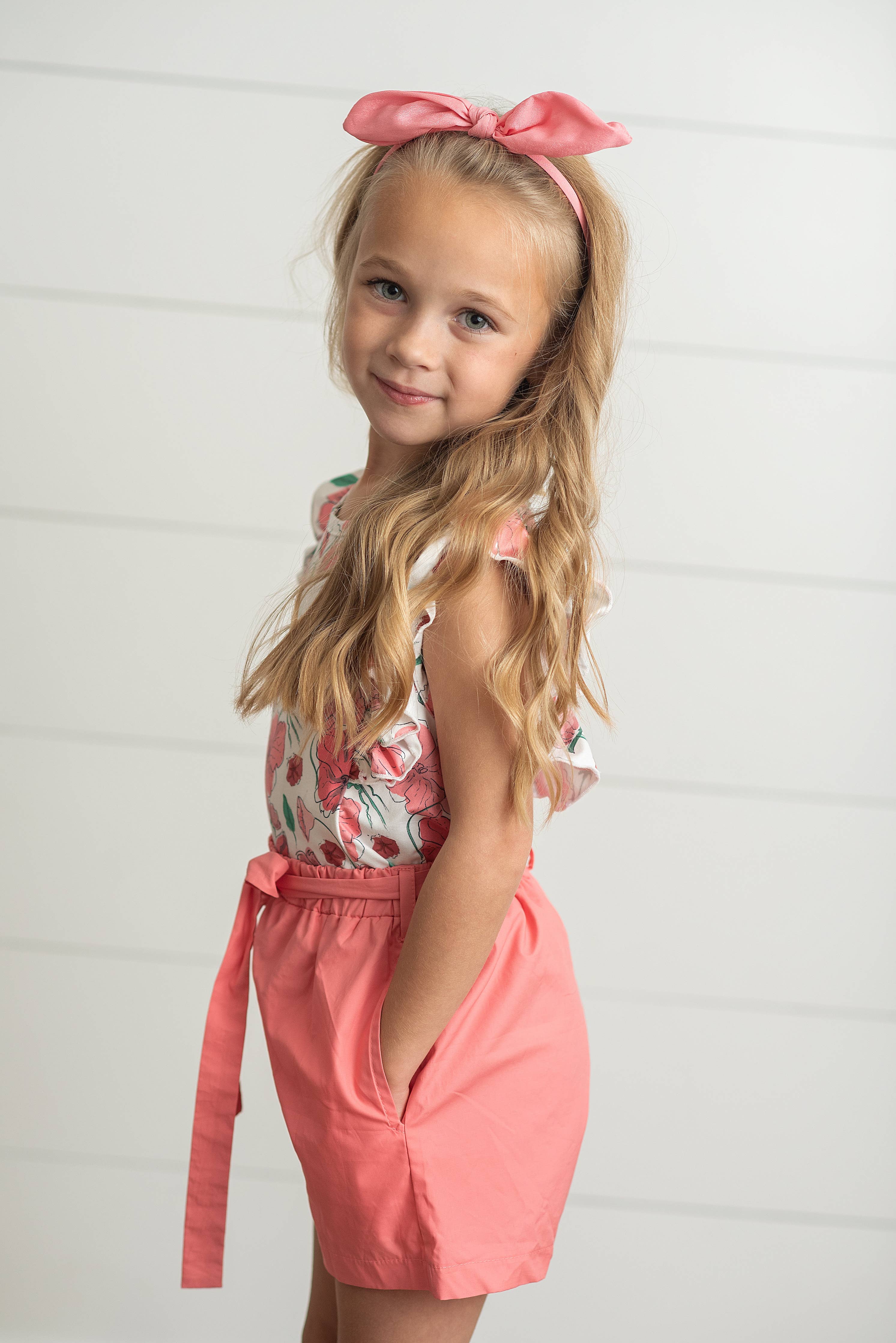 Kids Coral Pink Floral Ruffle Summer Pocket Short Set