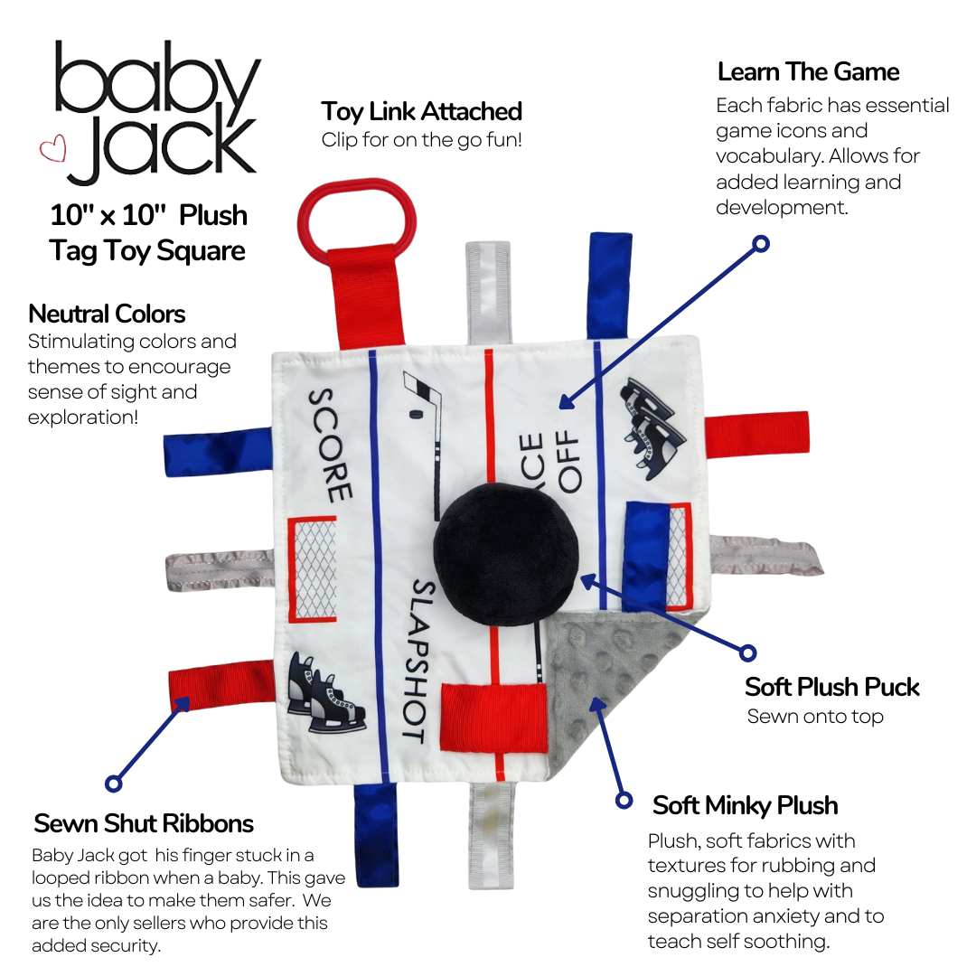 Hockey Puck Baby Learning Lovey Tag Stroller Toy 10" x 10"