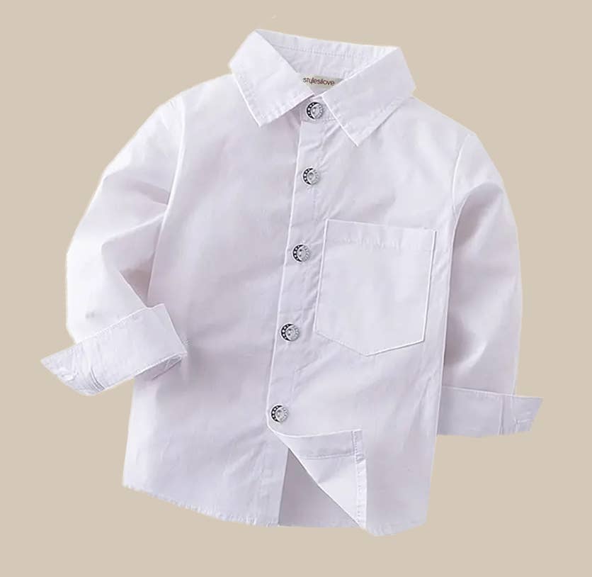 White Long Sleeve Boy Cotton Button-Down Dress Shirt