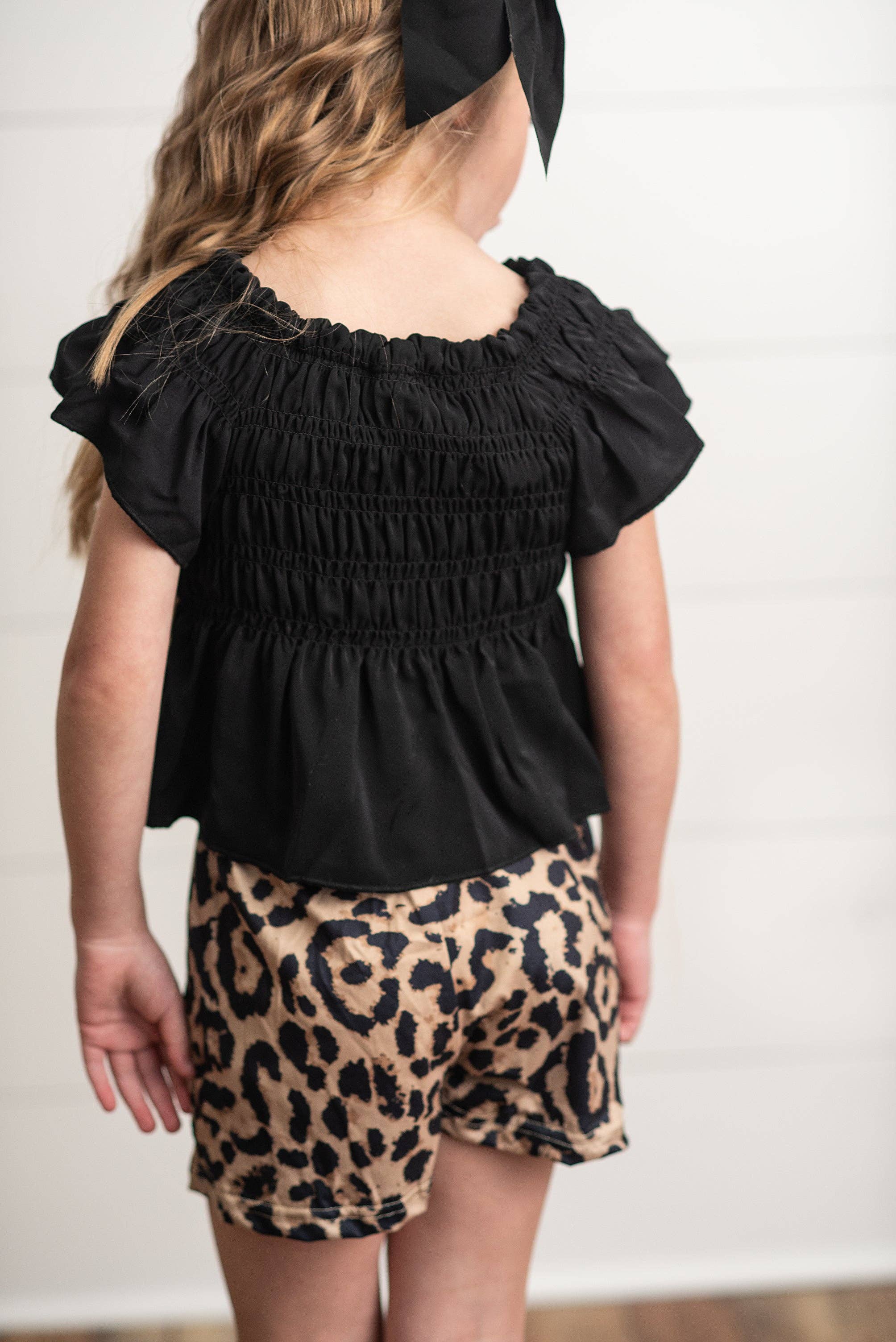 Adorable Sweetness - Kids Black Shirred Top & Leopard Print Bow Spring Short Set