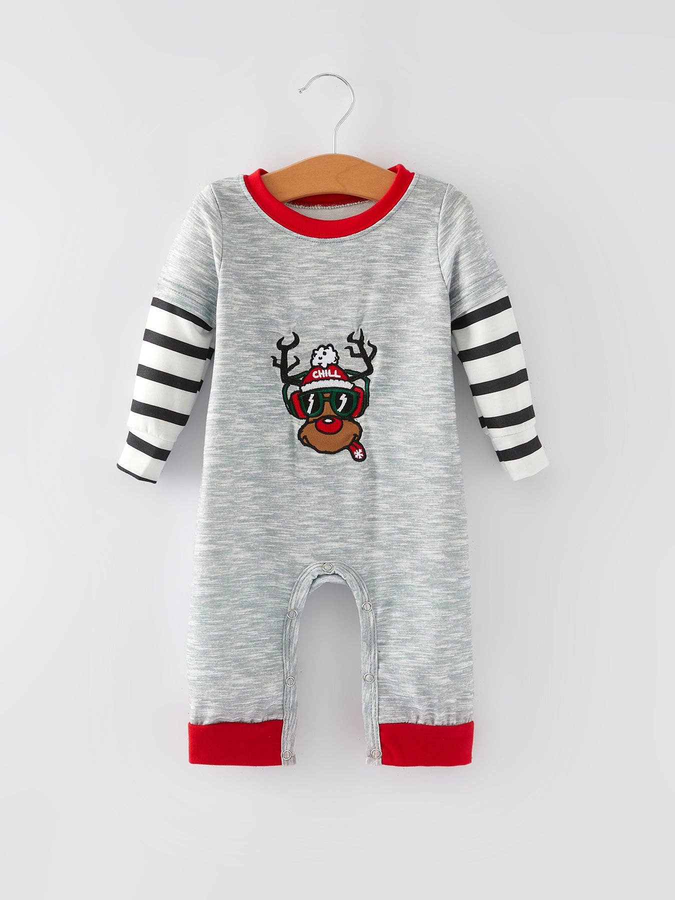 Rylee Faith Designs - Reindeer Embroidery Striped Romper