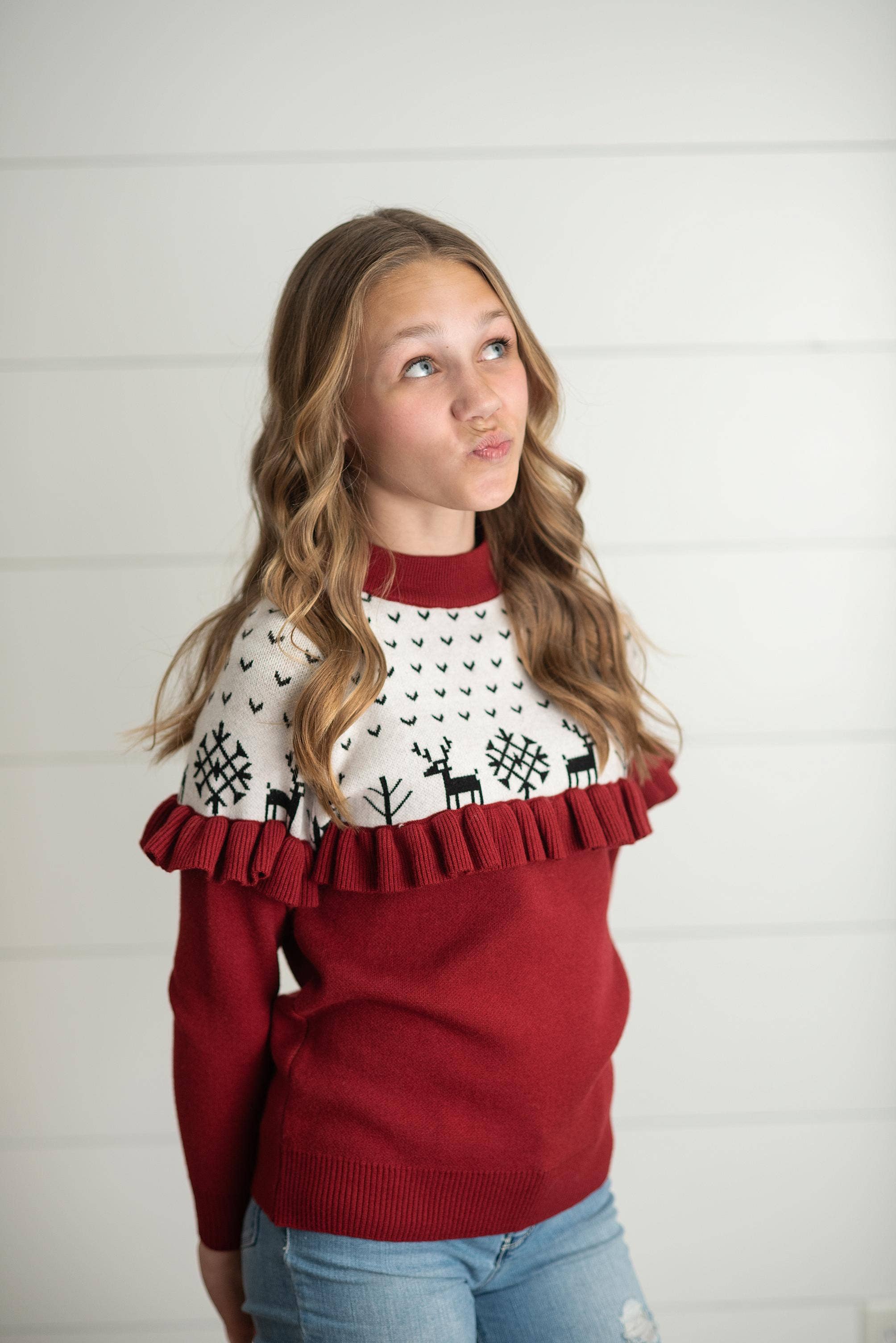 Kids Dark Red Burgundy Ruffle Yolk Sweater