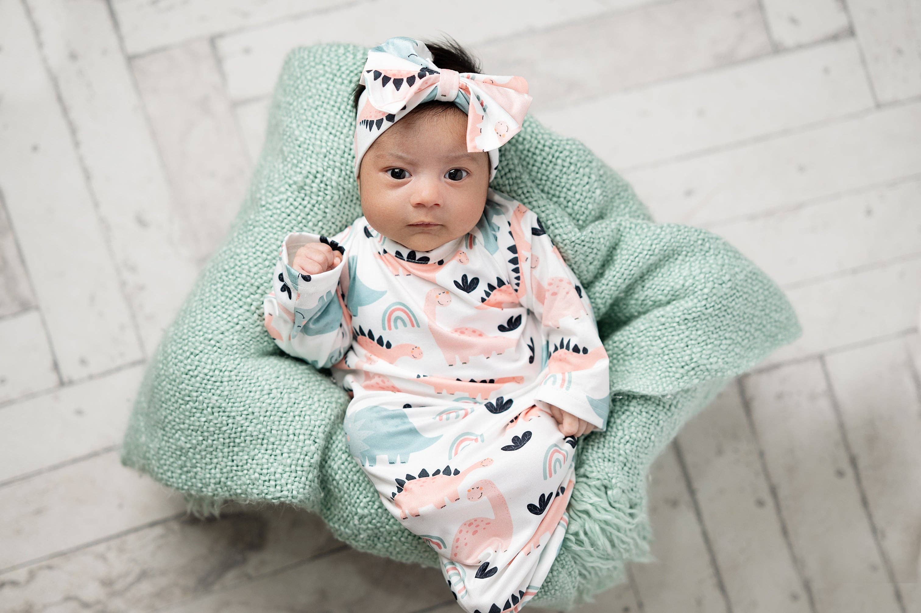 Pastel Dino Baby Gown and Bow Headband Set