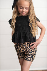 Adorable Sweetness - Kids Black Shirred Top & Leopard Print Bow Spring Short Set