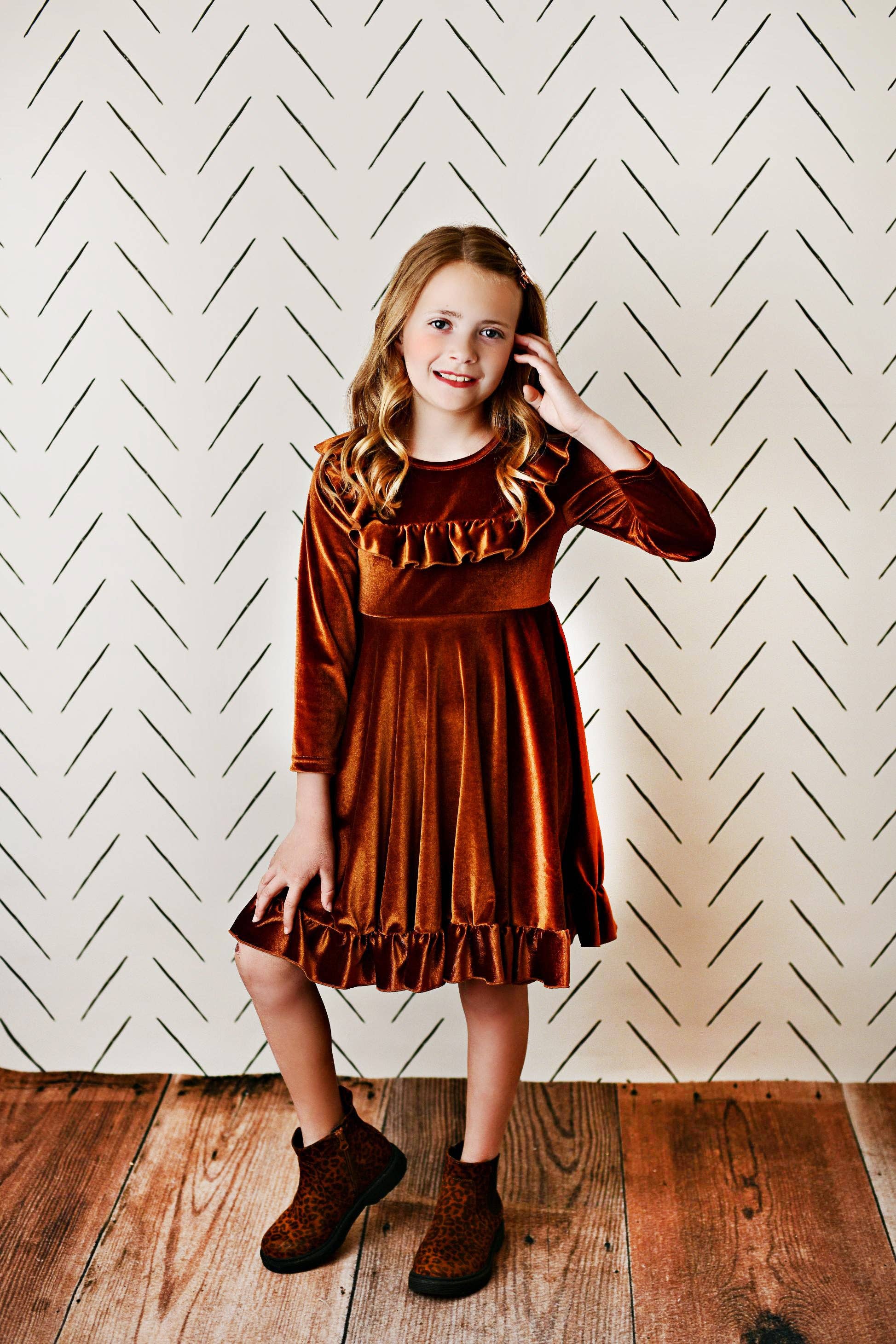 Kids Rust Velvet Ruffle Fancy Dress