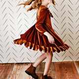 Kids Rust Velvet Ruffle Fancy Dress