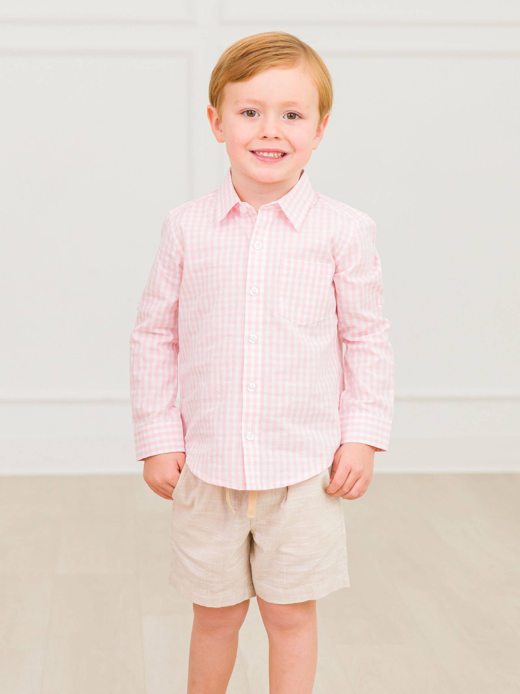 Boys Pink Gingham Check Long Sleeve Button Down