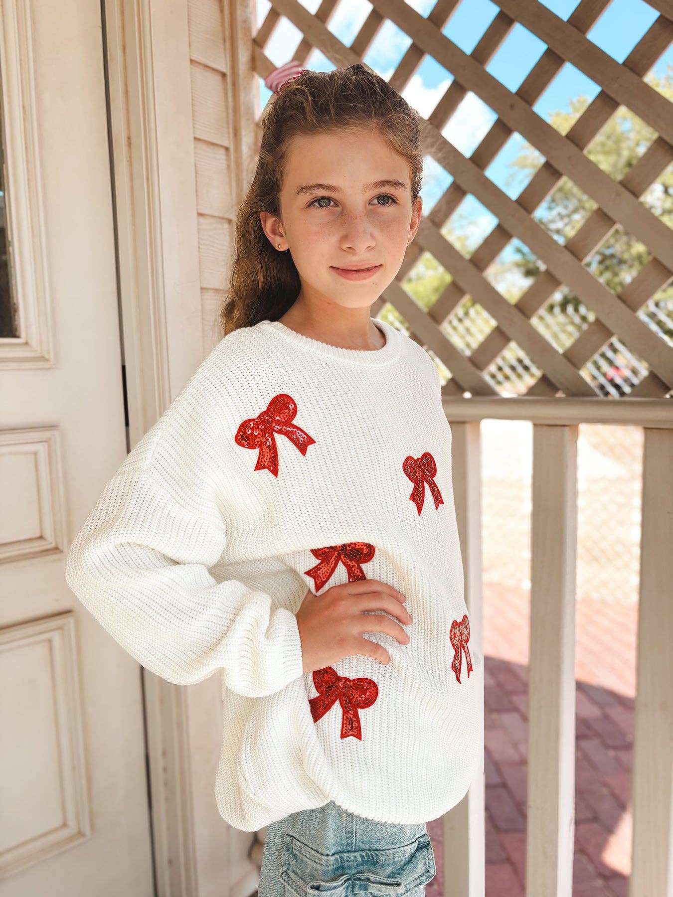 Girls Bow Sequins Pullover Sweater