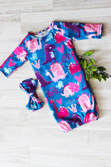 Girl Dino Baby Gown and Bow Headband