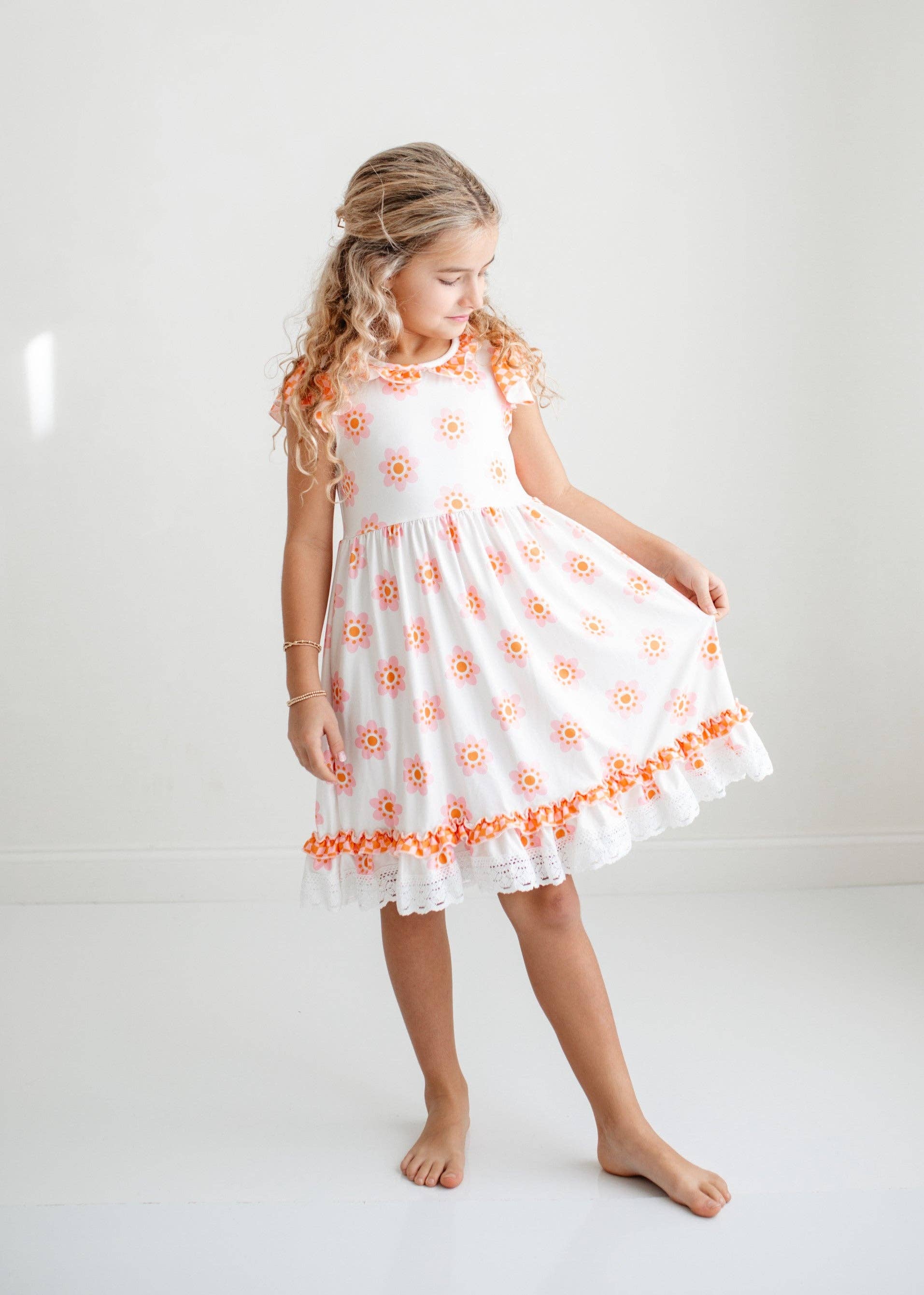Girls Pink & Cantaloupe Flower Check Spring Summer Dress