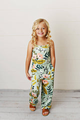 Kids Sage Pink Floral Spring Summer Jumpsuit With Pockets