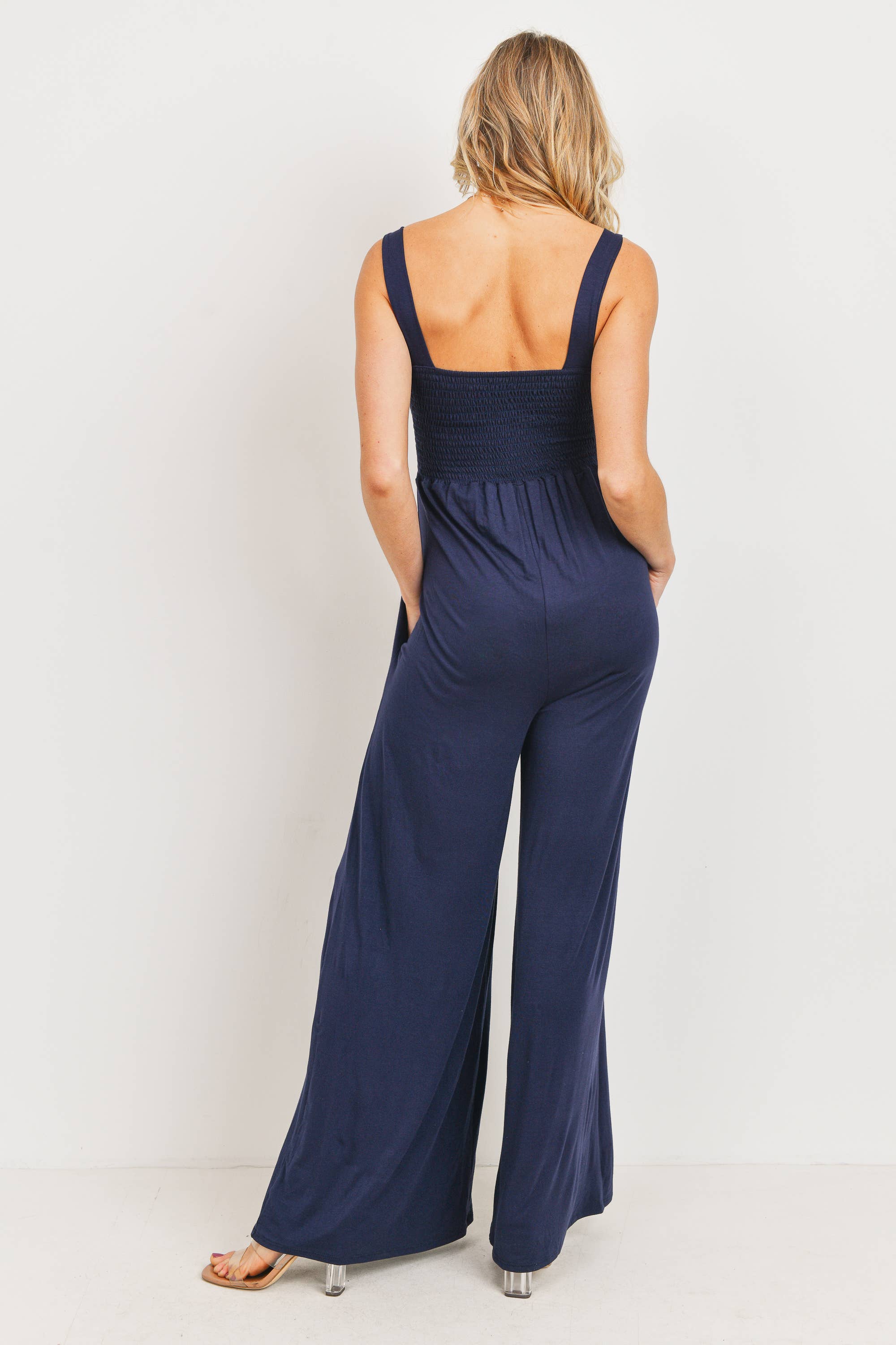 Sleeveless Smocked Maternity Wide-Leg Jumpsuit