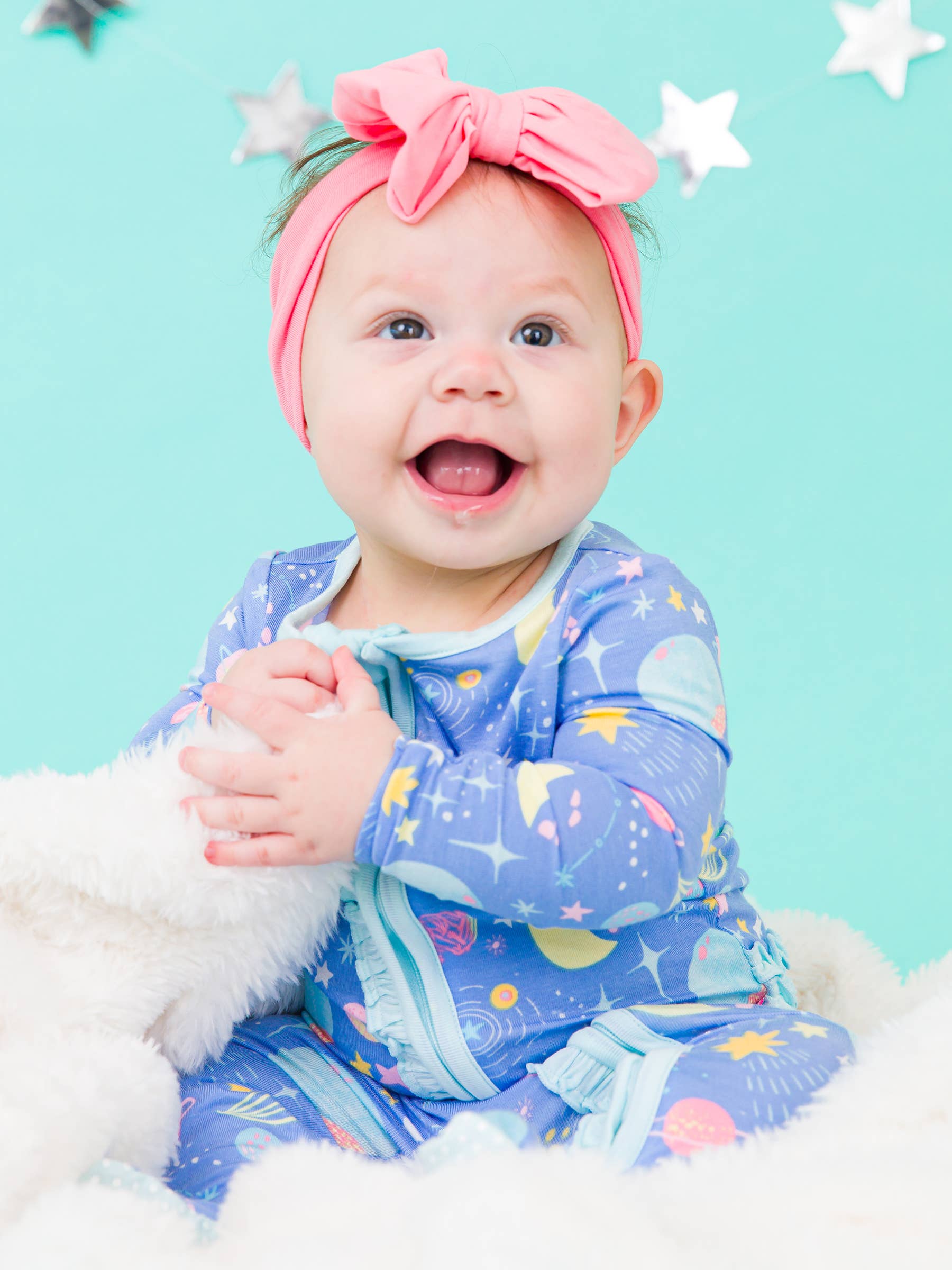 RuffleButts + RuggedButts - Baby Girls Starry Dreams Bamboo Viscose Footed Ruffle One Piece Pajama