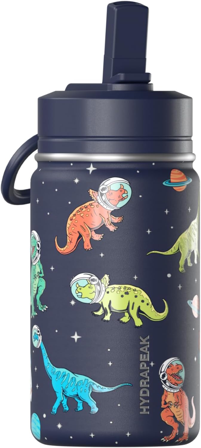Hydrapeak Mini 14oz Dino Print Water Bottle with Straw Lid, Stainless Steel Double Wall Insulated Water Bottle