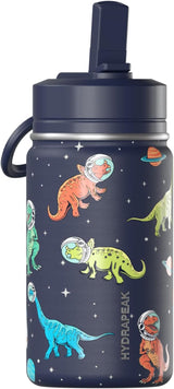 Hydrapeak Mini 14oz Dino Print Water Bottle with Straw Lid, Stainless Steel Double Wall Insulated Water Bottle