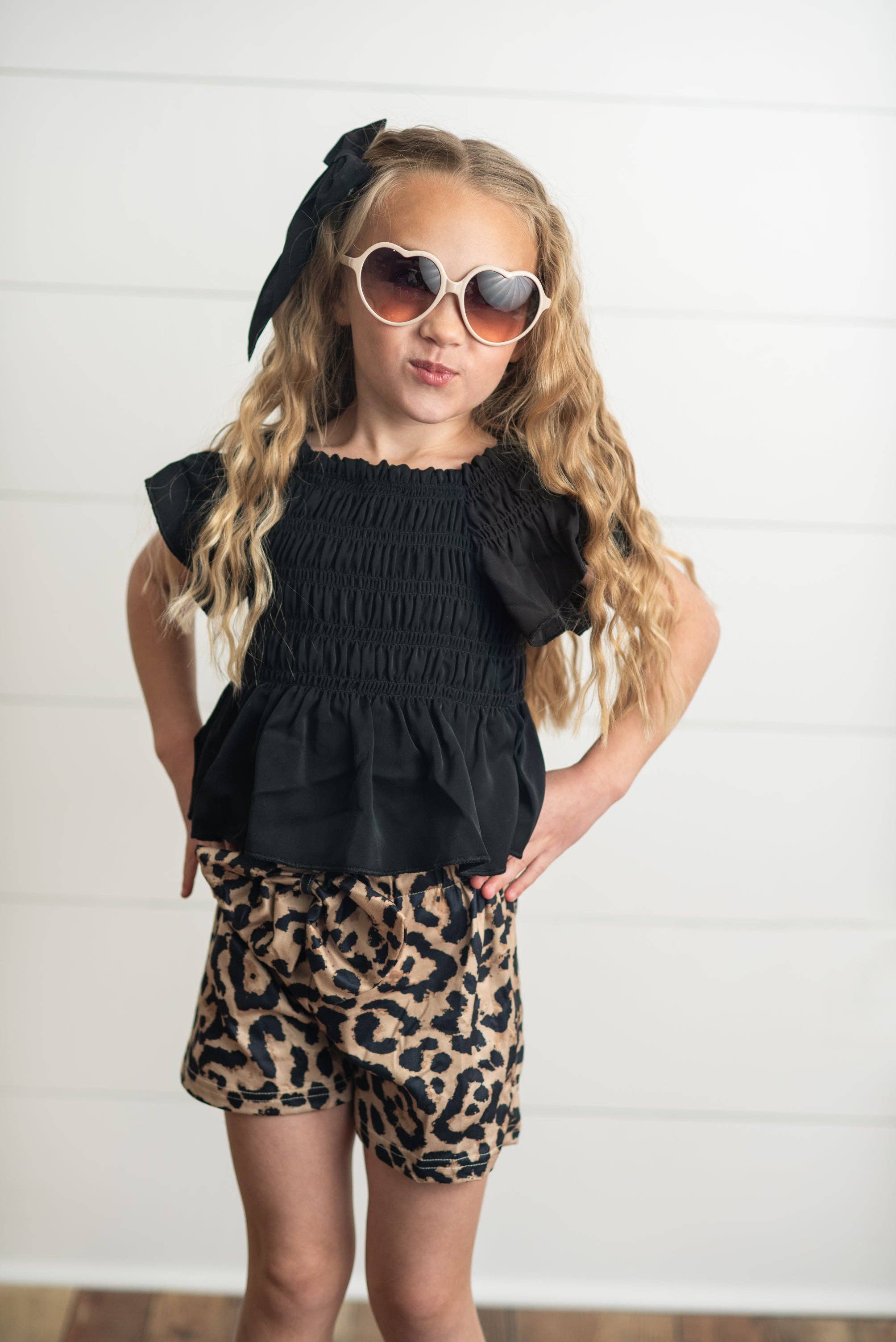 Adorable Sweetness - Kids Black Shirred Top & Leopard Print Bow Spring Short Set