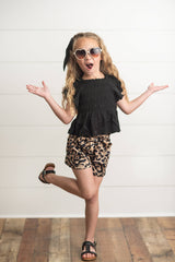 Adorable Sweetness - Kids Black Shirred Top & Leopard Print Bow Spring Short Set