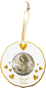 4" Gold White Ornament Round 2.36" Photo Holder with Keepsake Card - Love You Mom - Gift Ready Packaged Set