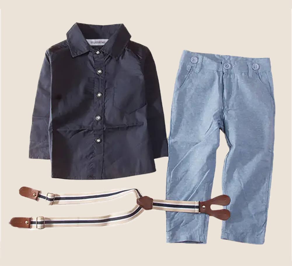 Blue Little Boy Button Down Shirt, Suspender Straps & Pants
