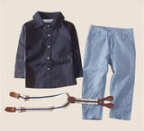 Blue Little Boy Button Down Shirt, Suspender Straps & Pants