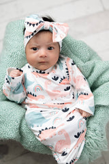 Pastel Dino Baby Gown and Bow Headband Set