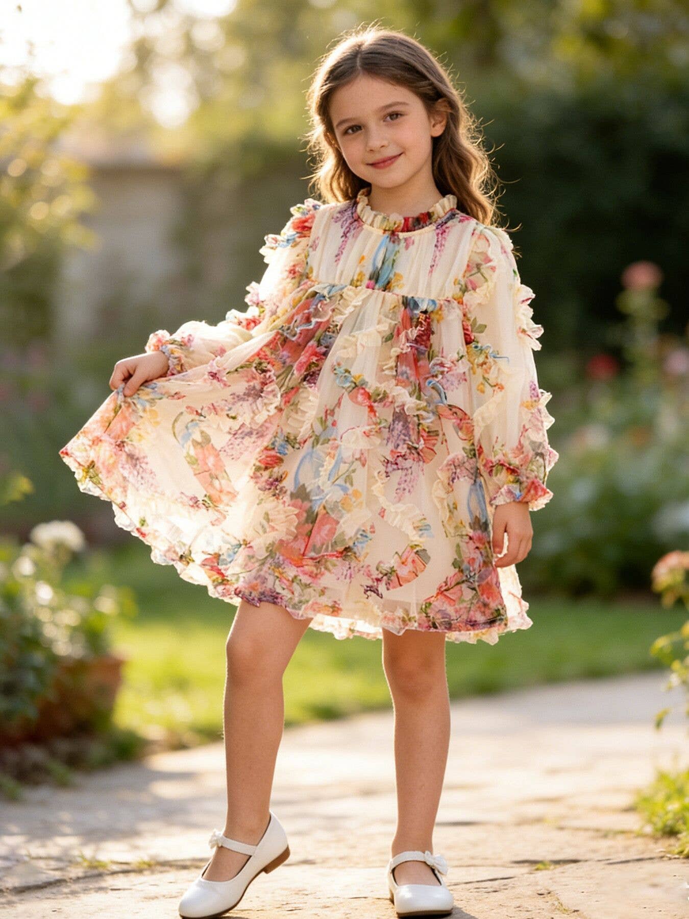 Pastel Flower Ruffle Layered Girls Dress