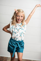 Kids White & Teal Floral Ruffle Spring Summer Short Set