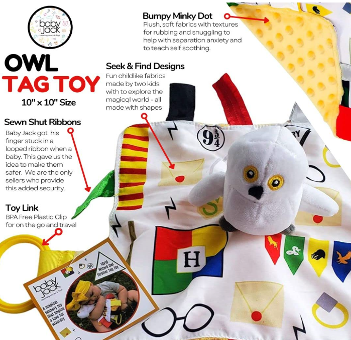 Wizard Owl Magic Crinkle Tag Square 10x10 Baby Stroller Toy