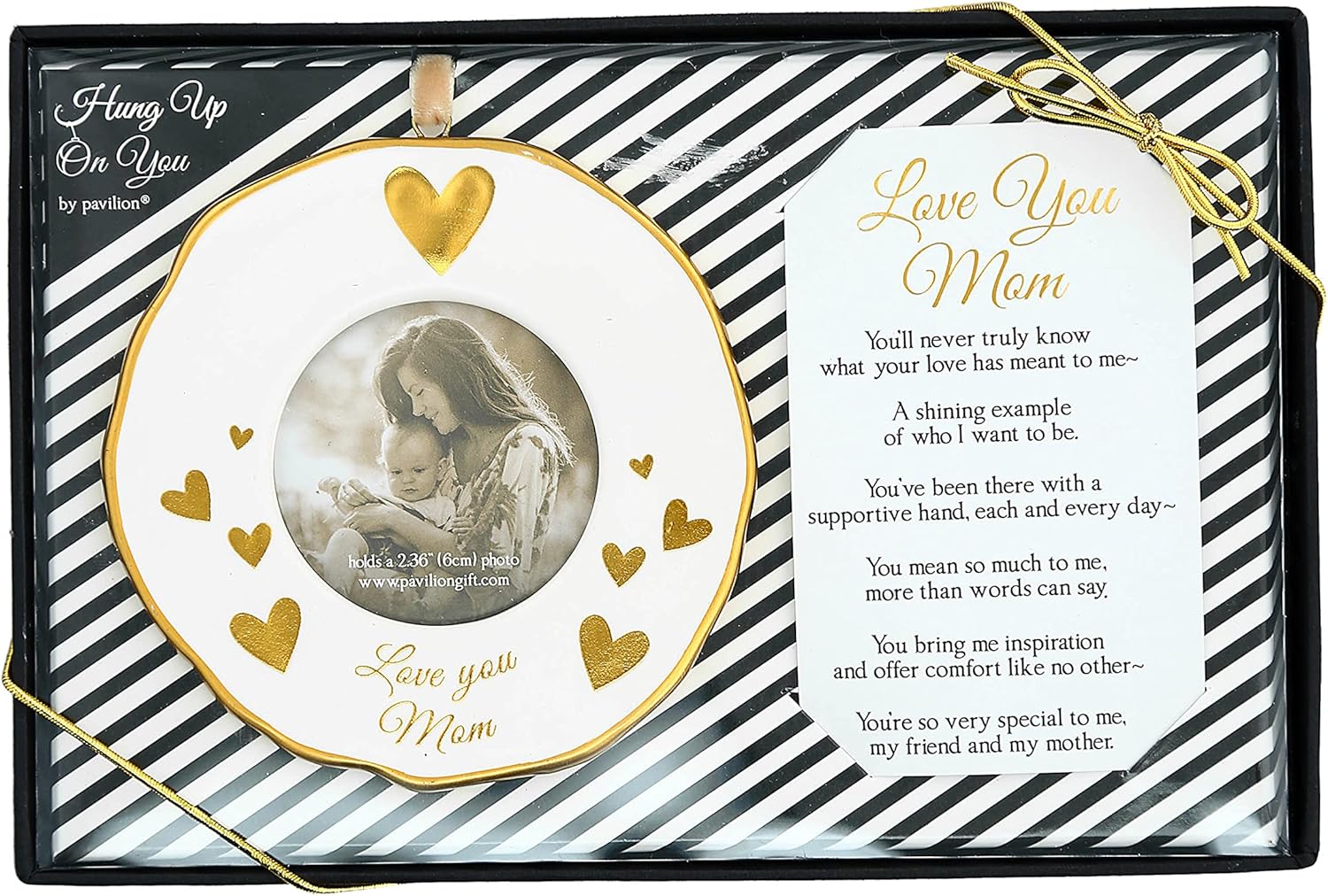4" Gold White Ornament Round 2.36" Photo Holder with Keepsake Card - Love You Mom - Gift Ready Packaged Set