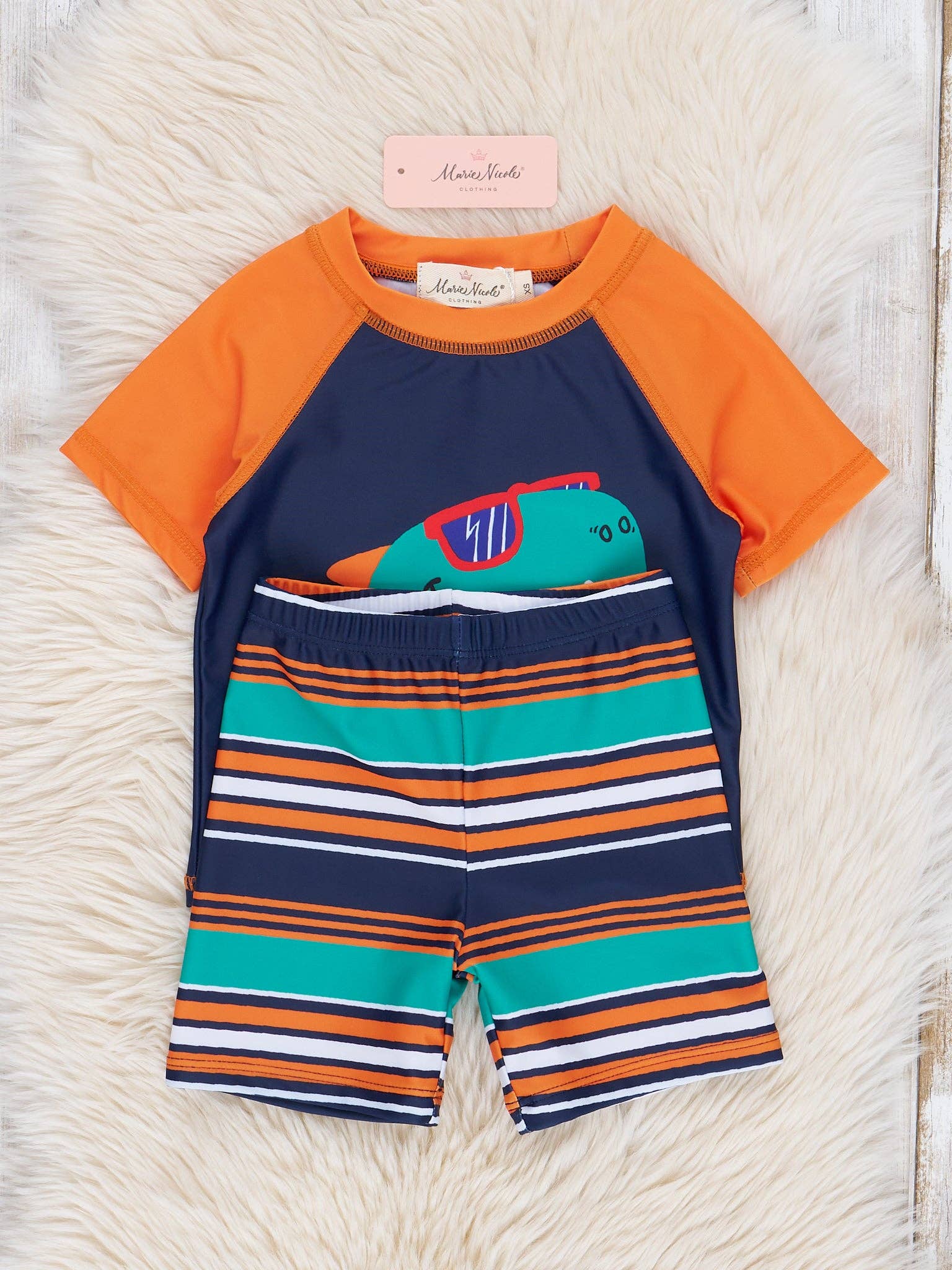 Navy Striped Dino Rash Guard & Swim Shorts