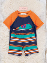 Navy Striped Dino Rash Guard & Swim Shorts