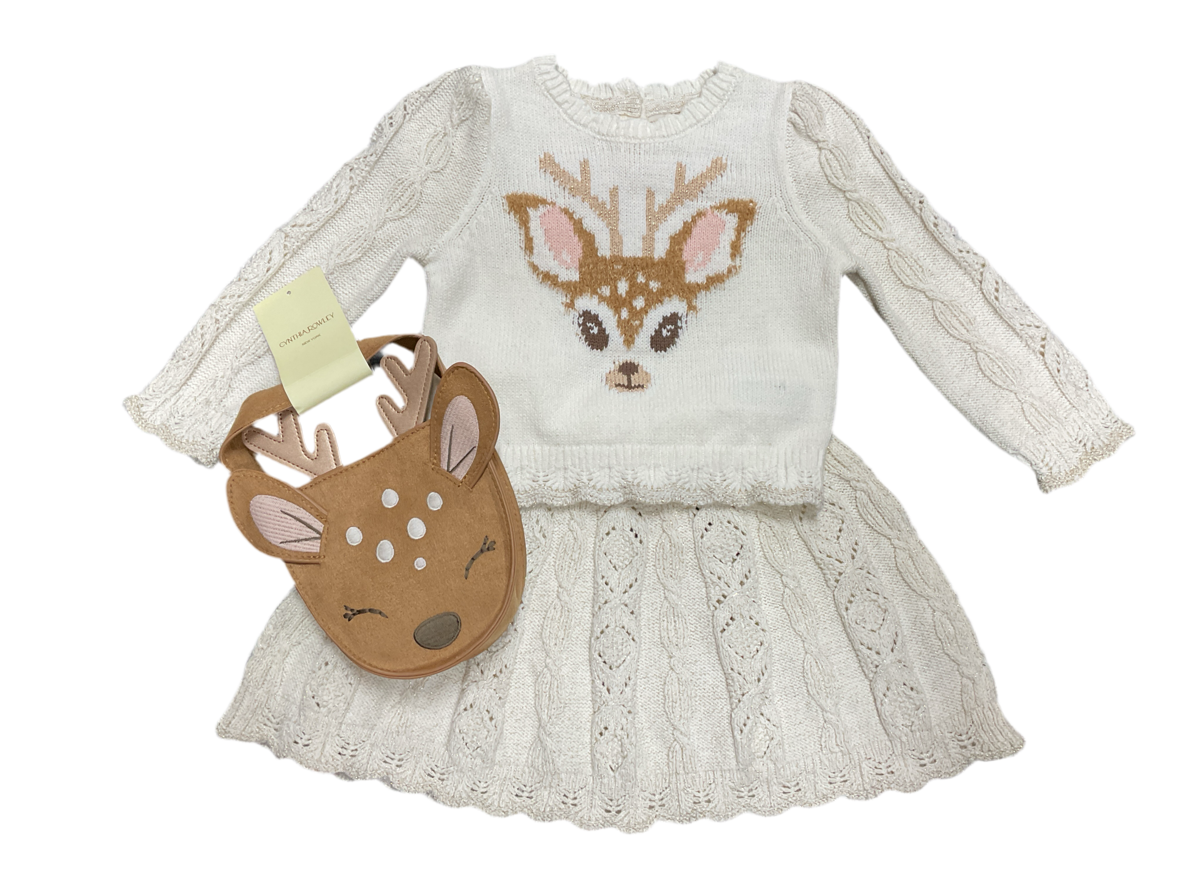 Cynthia Rowley-  3Pc Deer Sweater And Skirt Outfit W/ Purse