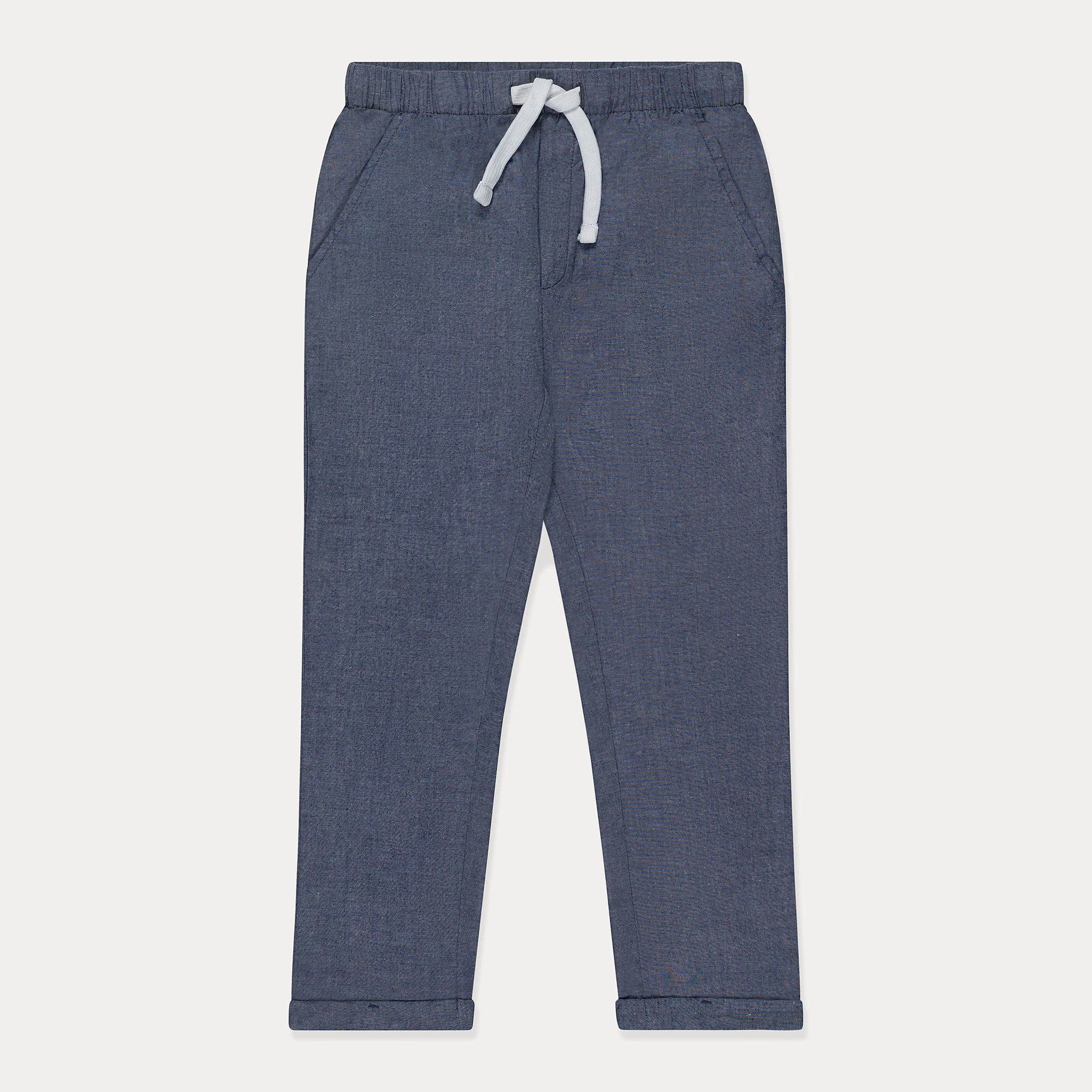 Toddler Pants, Chambray Fabric Trousers, Blue Shades