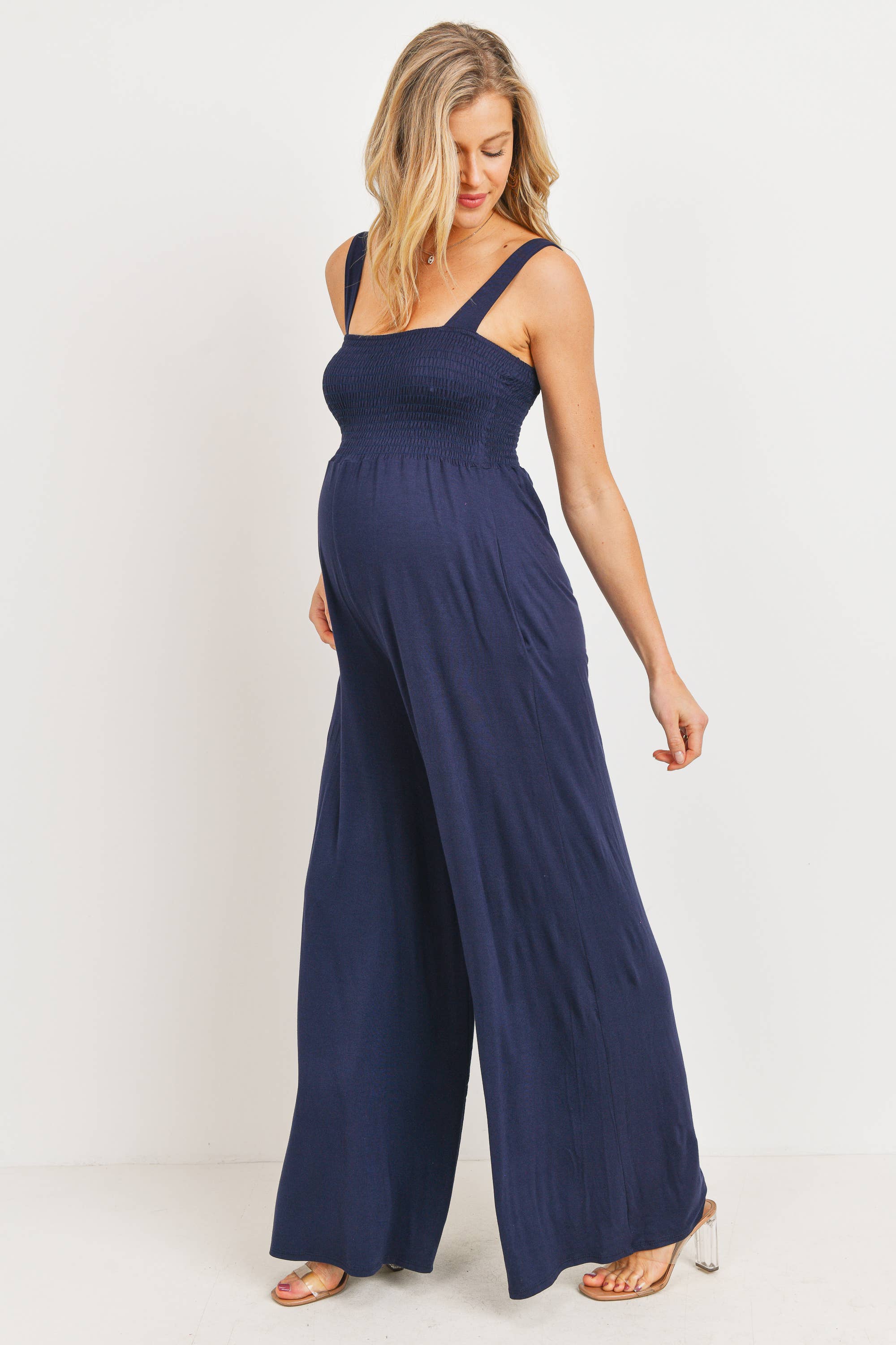 Sleeveless Smocked Maternity Wide-Leg Jumpsuit