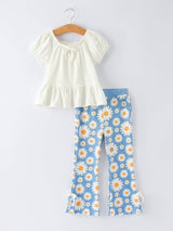 White Top And Daisy Flared Pants Outfit