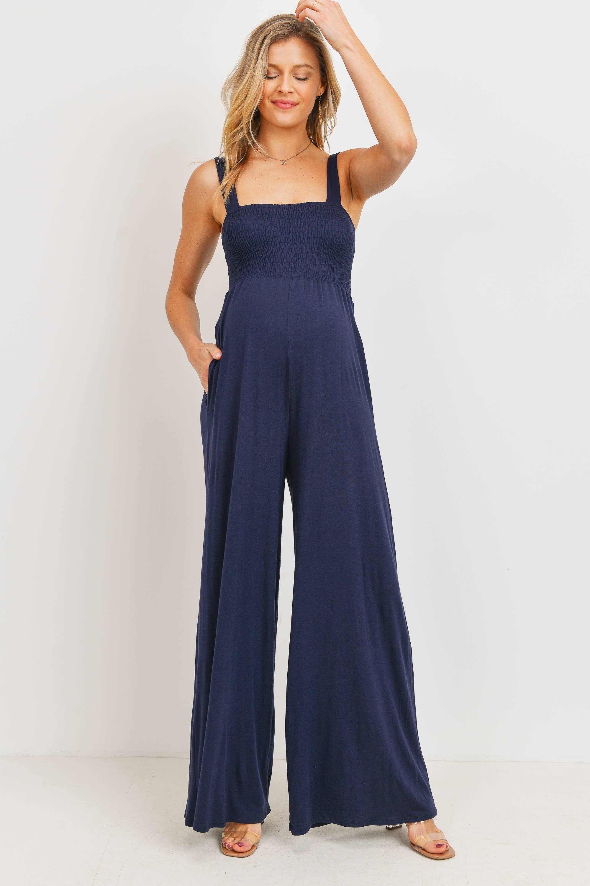 Sleeveless Smocked Maternity Wide-Leg Jumpsuit