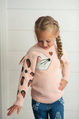 Kids Pink Heart & Leopard Arm Fuzzy Fall Winter Sweater