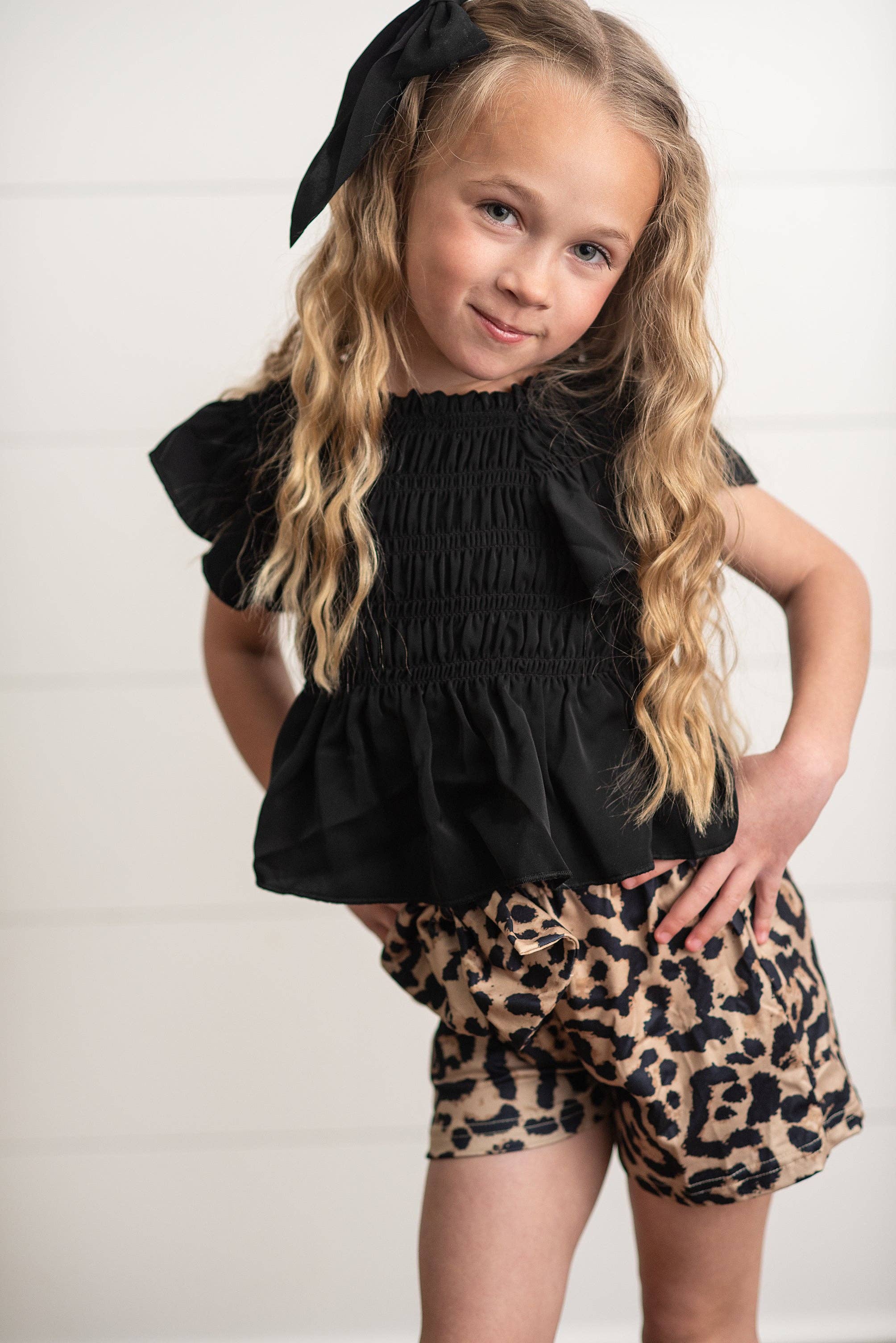 Adorable Sweetness - Kids Black Shirred Top & Leopard Print Bow Spring Short Set