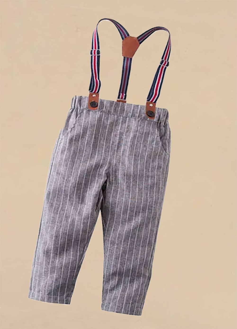 Grey Stripe Boy Cotton Chino Long Pants with Suspenders